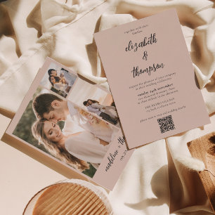 Invitation Simple Boho Beige Script Photo QR Code Mariage