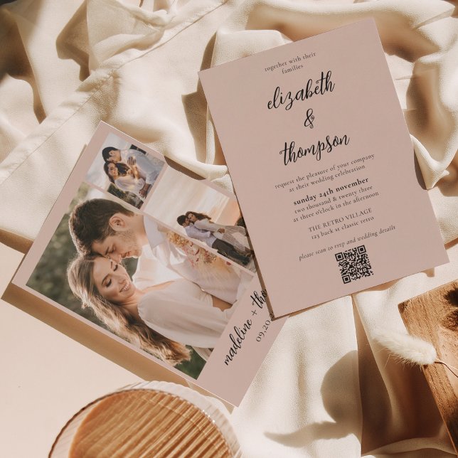 Invitation Simple Boho Beige Script Photo QR Code Mariage (Créateur téléchargé)