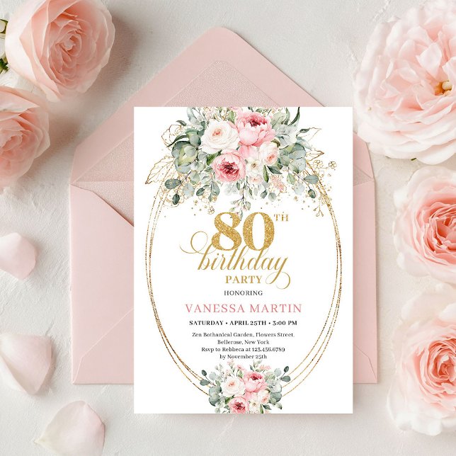 Invitation Simple Boho Blush Roses Greenery 80th Birthday (Simple Boho Blush Roses Greenery 80th Birthday)
