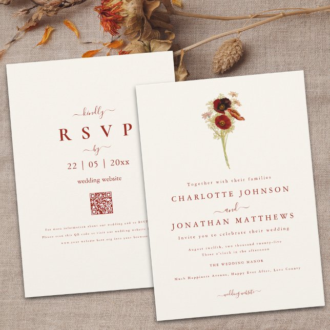 Invitation Simple Boho Fleur de la Toussaint Code QR via Mari (Simple Wildflower brown orange floral Wedding qr code invitation )