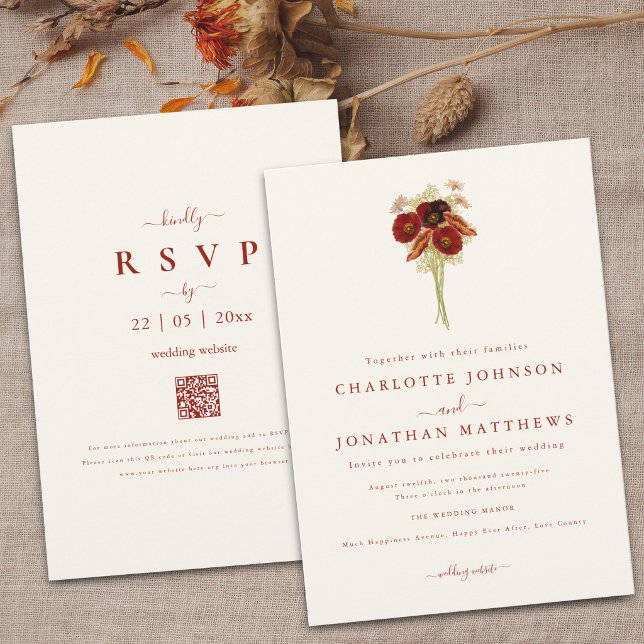 Invitation Simple Boho Fleur Sauvage Mariage Brun Orange (Wildflower bouquet brown orange watercolor floral Wedding QR Code invitation)