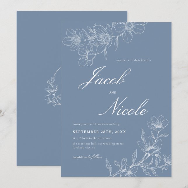 Invitation Simple Boho Floral Script Dusty Blue Mariage (Devant / Derrière)