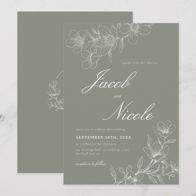 Invitation Simple Boho Floral Script Sage Green Mariage (Devant / Derrière)