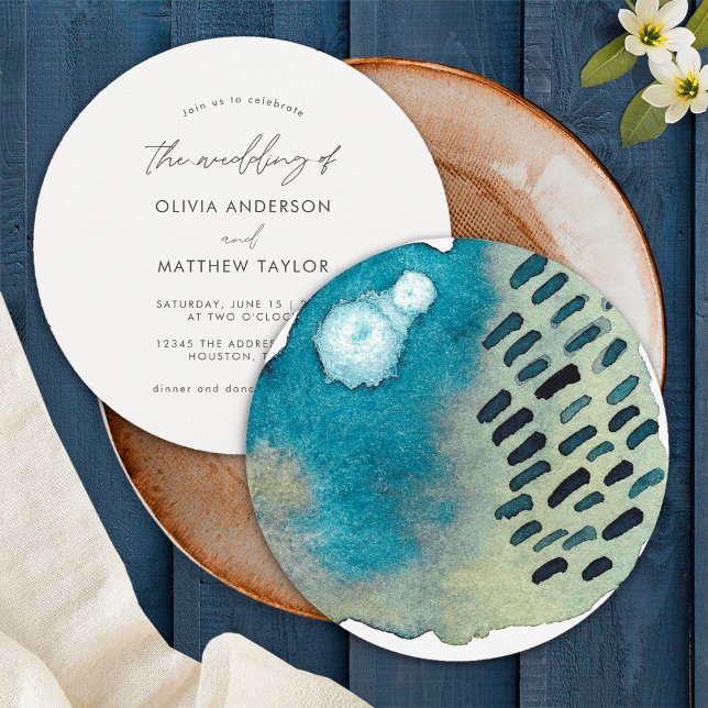 Invitation Simple Boho Navy Mariage Abstrait Aquarelle (Front/Back)