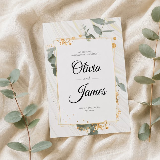 Invitation Simple boho or élégant mariage doré vert (Elegant Eucalyptus Botanical Gold Wedding Invitation, Wedding Announcement)