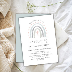 Invitation Simple Boho Rainbow Cross Boy Baptême garçon
