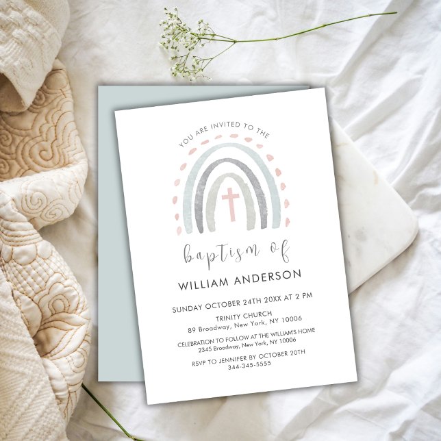 Invitation Simple Boho Rainbow Cross Boy Baptême garçon (Simple Boho Rainbow Cross Boy Baptism Invitation)