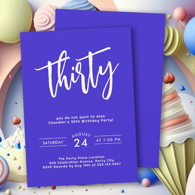 Invitation Simple Bold Bleu coloré 30e fête d'anniversaire (A bold blue birthday party invitation to celebrate a 30th birthday with pizzazz.)