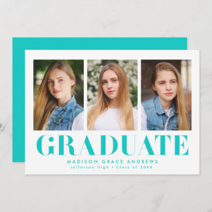 Invitation Simple Bold Turquoise 3 Photo Graduation Party