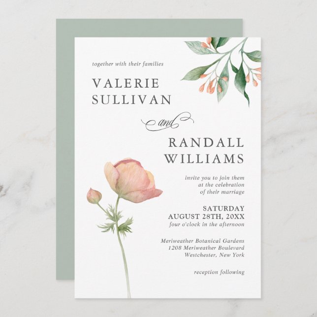 Invitation Simple Botanique Élégant Mariage Floral (Devant / Derrière)