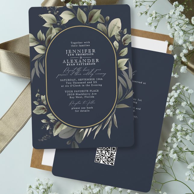 Invitation Simple Botanique RSVP QR Code Dark Navy Mariage (Créateur téléchargé)