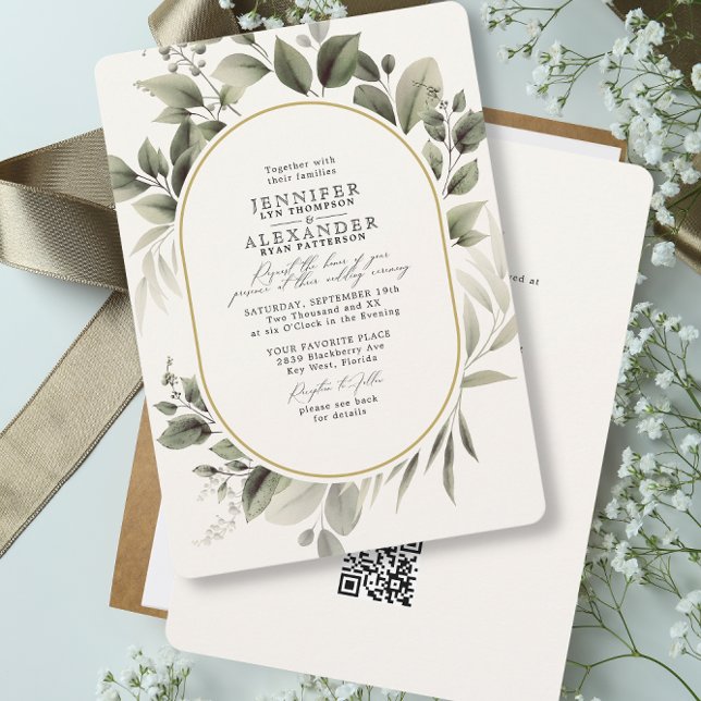 Invitation Simple Botanique RSVP QR Code Mariage de crème ivo (Créateur téléchargé)