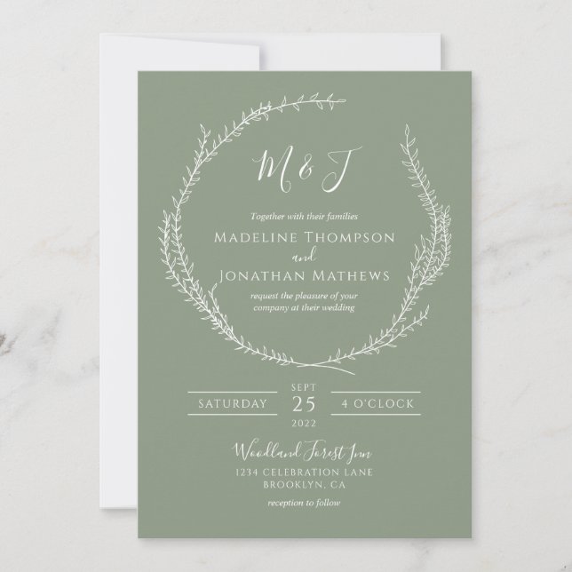 Invitation Simple Botanique Sage Vert Monogramme Mariage (Devant)