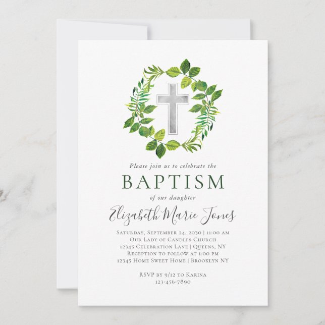 Invitation Simple Botanique Verdure Wreath Cross Baptême (Devant)