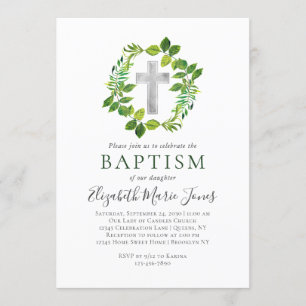 Invitation Simple Botanique Verdure Wreath Cross Baptême