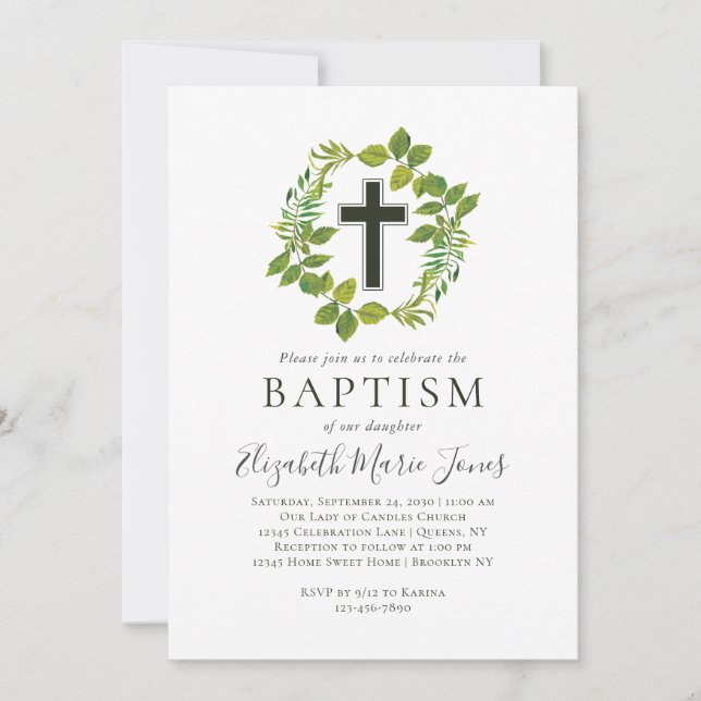 Invitation Simple Botanique Verdure Wreath Cross Baptême (Devant)