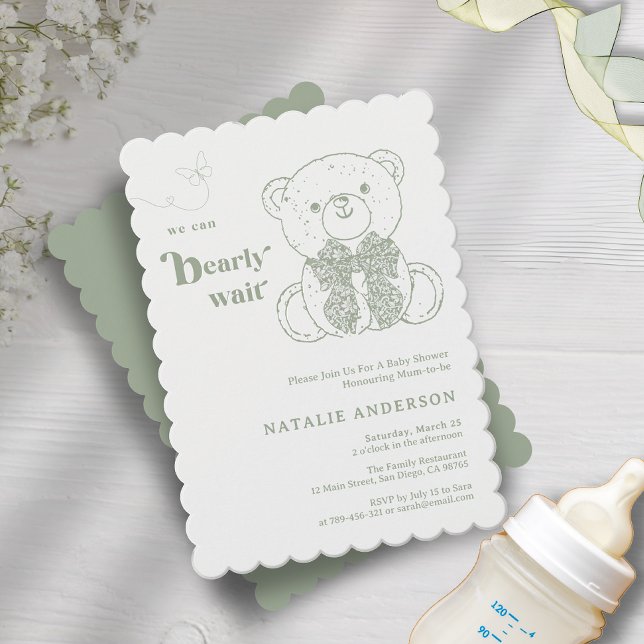 Invitation Simple Bow vert Nous Pouvons Bearly Wait Baby show (Simple Green Bow We Can Bearly Wait Baby Shower Invitation)