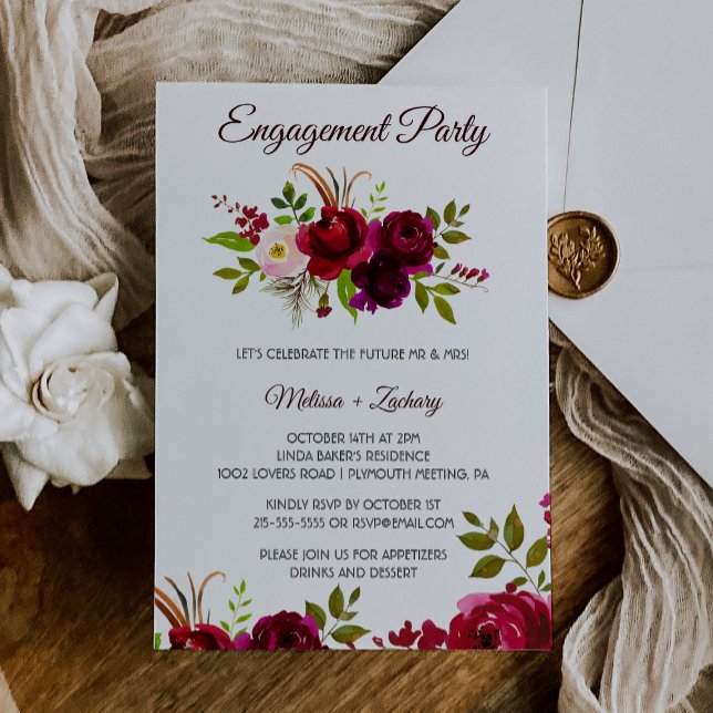 Invitation Simple Burgundy Floral Engagement Party (Créateur téléchargé)