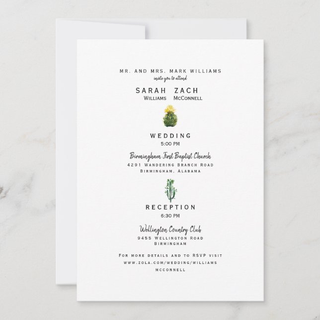 Invitation Simple Cactus Site Web Deux Lieux Parents Mariage (Devant)