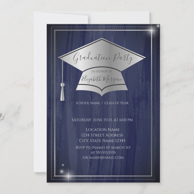 Invitation Simple cadre argenté de chapeau de diplômé, Bleu d (Devant)