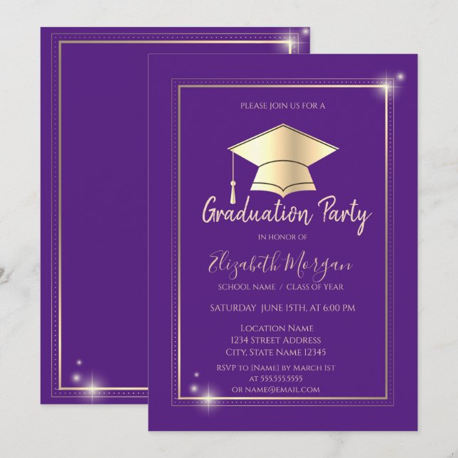 Invitation Simple cadre doré Casquette de graduation Violet G (Devant / Derrière)