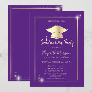 Invitation Simple cadre doré Casquette de graduation Violet G
