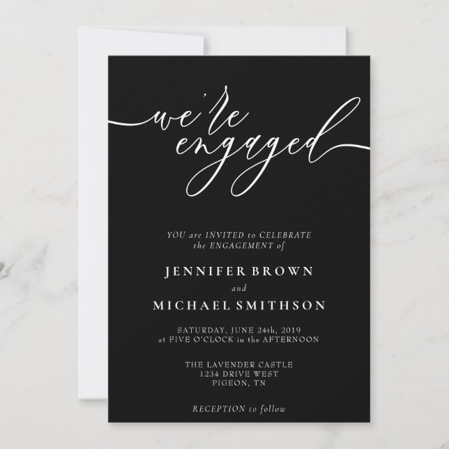 Invitation Simple calligraphie noire nous sommes fiancés (Devant)