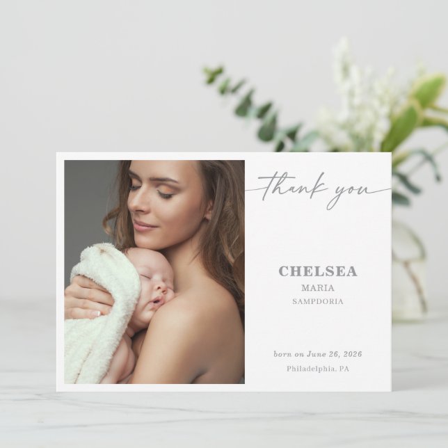Invitation Simple Calligraphy Chic Baby Photo Thank You Card (Debout devant)