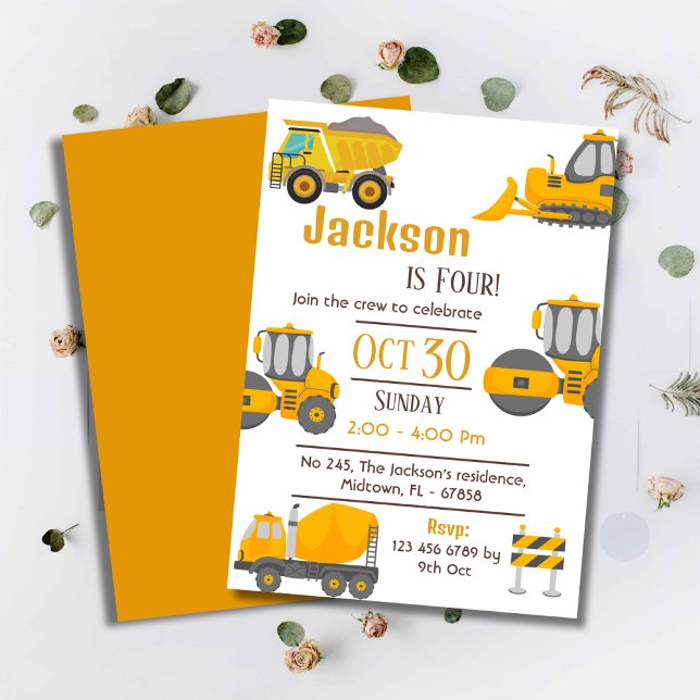 Invitation Simple camion de construction enfants mignonne 4e  (Créateur téléchargé)