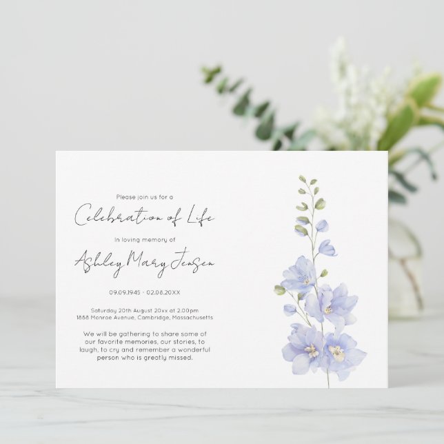 Invitation Simple célébration de la vie de Delphinium  (Debout devant)