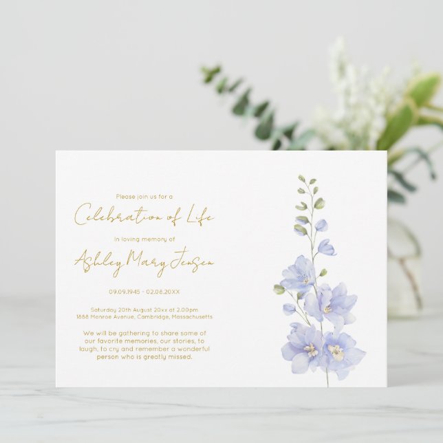 Invitation Simple célébration de la vie de Delphinium  (Debout devant)