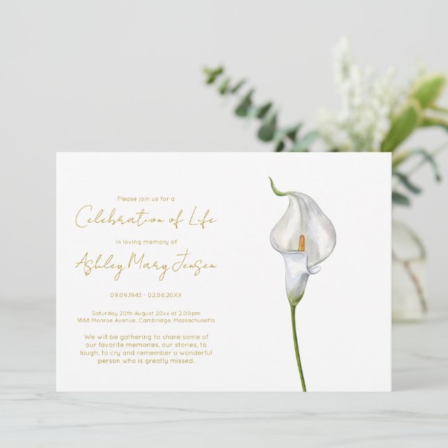 Invitation Simple Célébration de la Vie de Lys Calla Funérail (Debout devant)