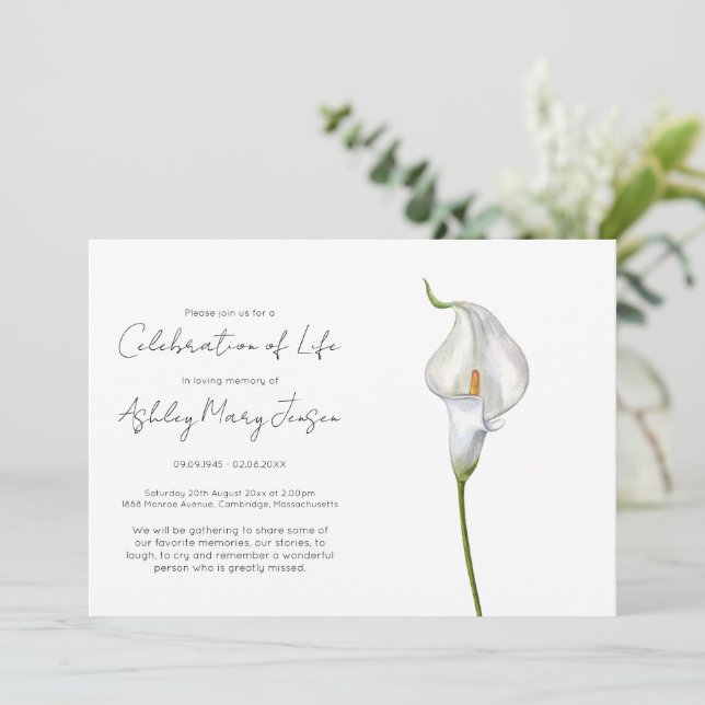 Invitation Simple Célébration de la Vie de Lys Calla Funérail (Debout devant)