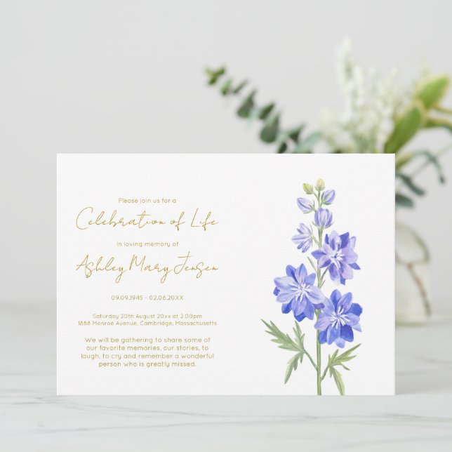 Invitation Simple célébration de vie de Larkspur  (Debout devant)