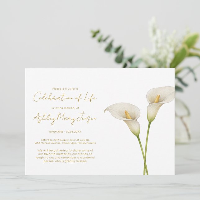 Invitation Simple Célébration de Vie de Lys Calla Funérailles (Debout devant)