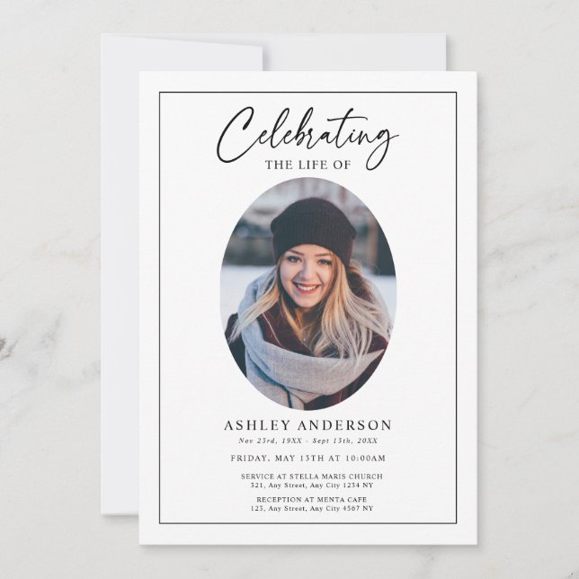 Invitation Simple Celebration of Life Black White Funeral (Devant)