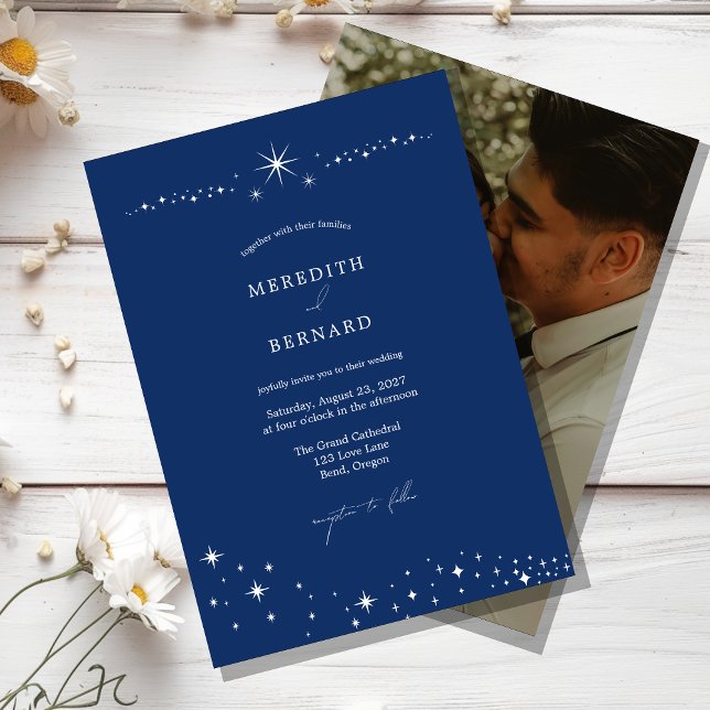 Invitation Simple Céleste Élégant Mariage Bleu Nuit Photo (Créateur téléchargé)