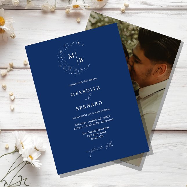 Invitation Simple Céleste Élégant Monogramme Photo de Mariage (Créateur téléchargé)