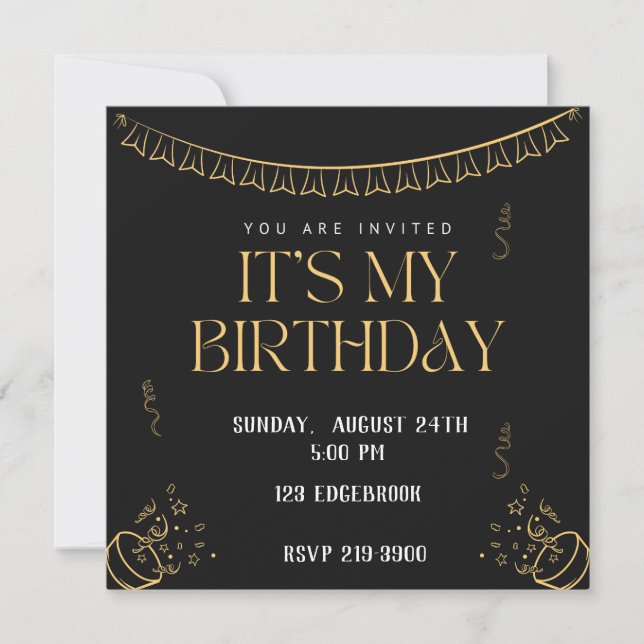 Invitation Simple C'est mon anniversaire | Or sur Noir Annive (Devant)