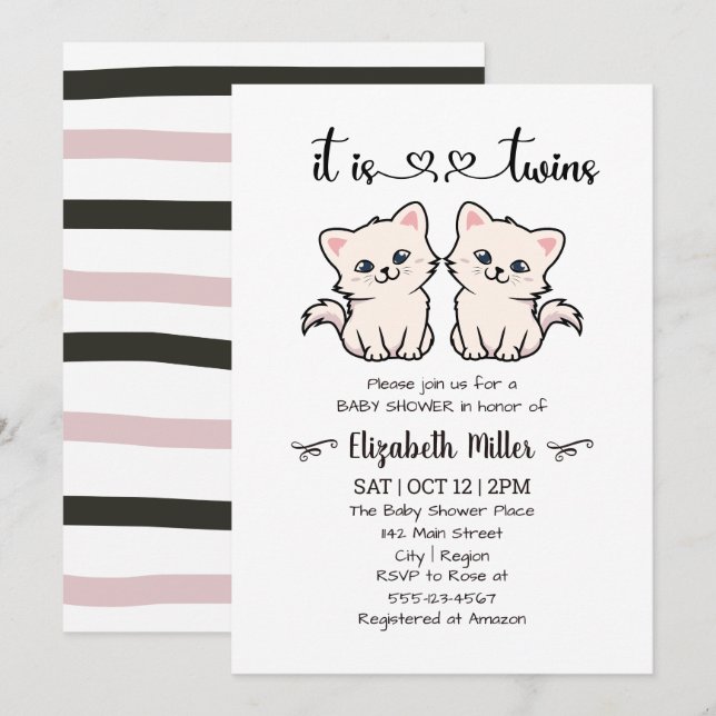 Invitation Simple Chats Twin Boy Girl Baby shower (Devant / Derrière)