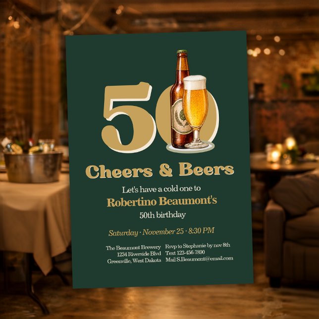 Invitation Simple Cheers & Beers Vert 50e Anniversaire (Créateur téléchargé)