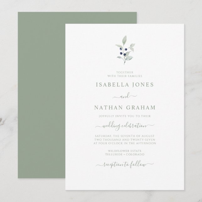 Invitation Simple Chic Aquarelle Mariage Botanique Sapin Navy (Devant / Derrière)