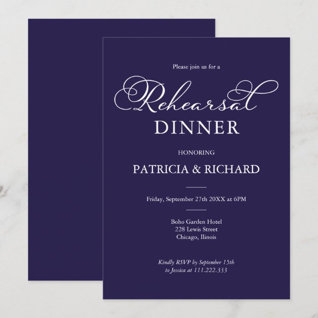 Invitation Simple Chic Bleu Marine Blanc Dîner de Répétition (Devant / Derrière)