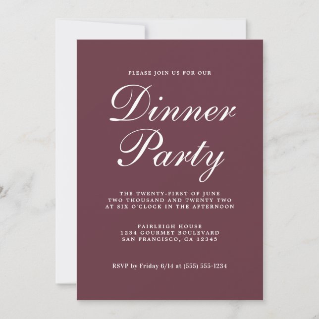 Invitation Simple Chic Calligraphie Burgundy Diner Party (Devant)