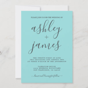 Invitation Simple Chic Calligraphie Turquoise Mariage bleu