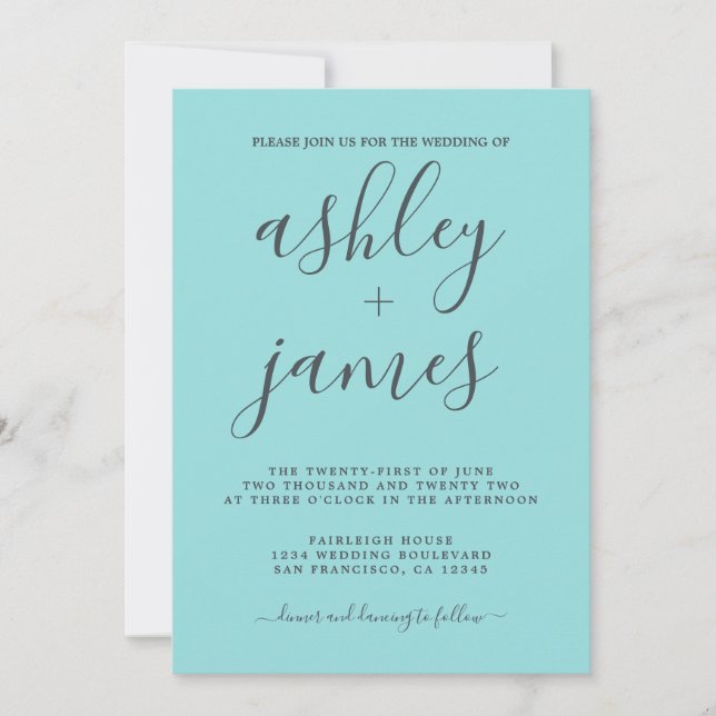 Invitation Simple Chic Calligraphie Turquoise Mariage bleu (Devant)