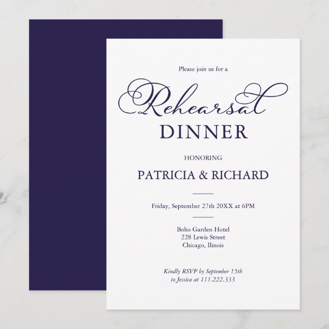 Invitation Simple Chic Dîner de Répétition de Mariage Bleu Ma (Devant / Derrière)