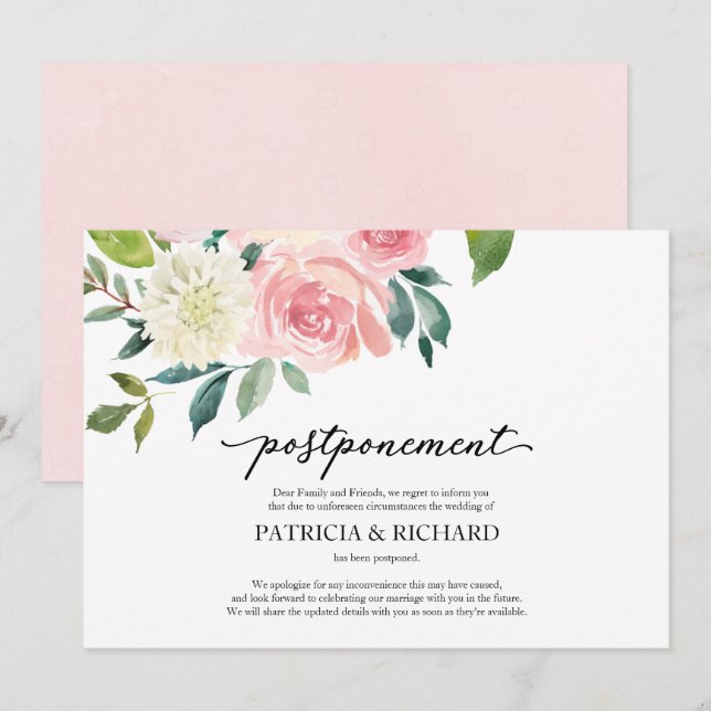 Invitation Simple Chic Faire part de report de mariage floral (Devant / Derrière)
