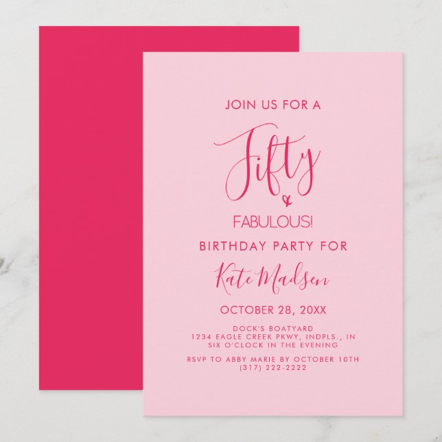 Invitation Simple Chic Fifty & FABULOUS! Pink Birthday Party (Devant / Derrière)