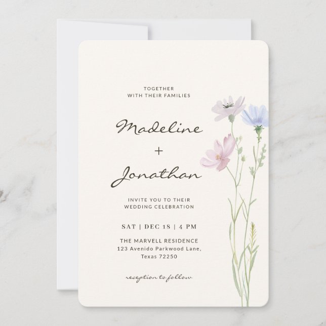 Invitation Simple Chic Fleur Sauvage Beige Mariage (Devant)